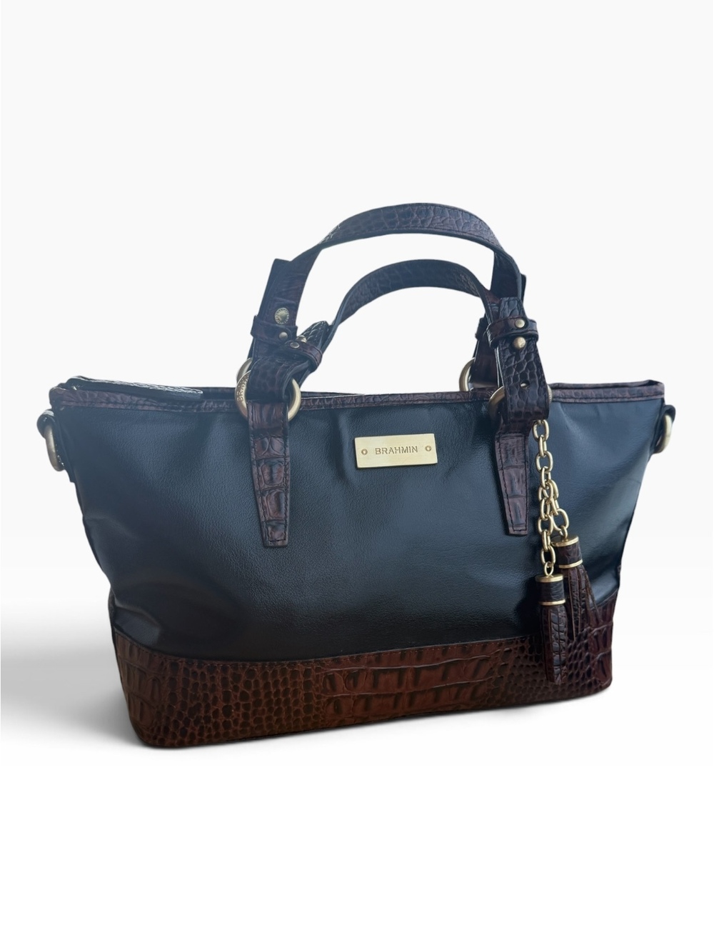 Brahmin Mini Asher Satchel Tuscan Tri-Texture Black Smooth & Croc Leather Bag